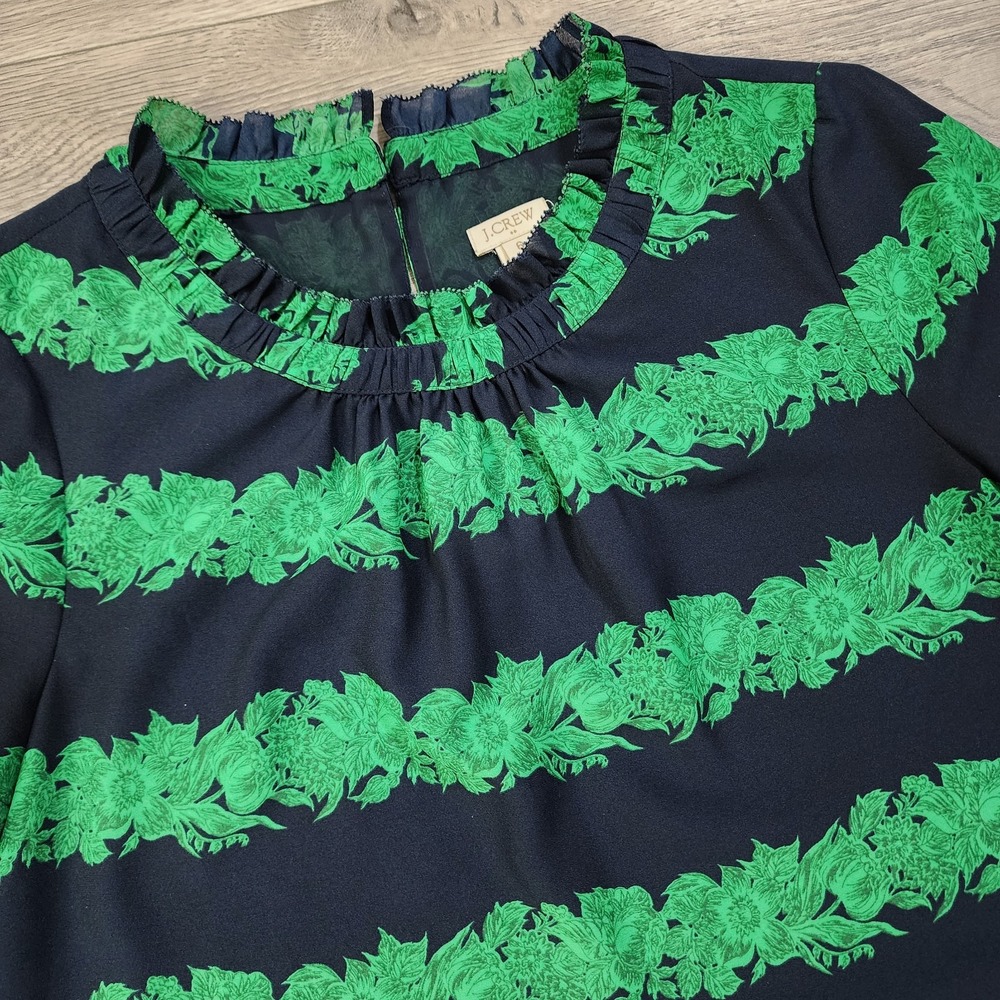 J Crew Women's 6 Meghan Markle Ruffle Beanstalk Stripe High Neck Top Navy Green